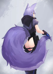 Rule 34 | 1girl, animal ears, arknights, ass, boots, chaps, from behind, gloves, hayabusa, highres, hood, hood down, hooded jacket, jacket, large tail, long hair, looking at viewer, orange eyes, pouch, provence (arknights), purple hair, sidelocks, solo, tail, wolf ears, wolf tail