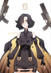 Rule 34 | 1girl, aurahack, bare shoulders, belt, black gloves, black hair, black survival, breasts, brown eyes, commentary, covered navel, fingerless gloves, gloves, gun, handgun, highres, jacket, large breasts, looking at viewer, parted lips, rozzi (black survival), short hair, simple background, solo, twitter username, weapon, white background, wide hips