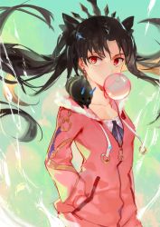 Rule 34 | 1girl, 3four, black hair, blowing bubbles, chewing gum, collarbone, earrings, fate/grand order, fate (series), hands in pockets, hood, hoodie, hoop earrings, image sample, ishtar (fate), jewelry, long hair, looking at viewer, parted bangs, red eyes, solo, tohsaka rin, tumblr sample, two side up, very long hair