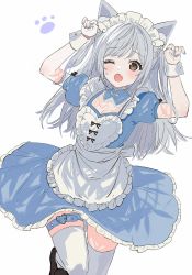 Rule 34 | 1girl, animal ears, apron, blush, brown eyes, cat ears, cat girl, fangs, gloves, highres, looking at viewer, maid, maid apron, maid headdress, mechiru, original, pale skin, paw print, shoes, silver hair, solo, sweat, thighhighs, white background