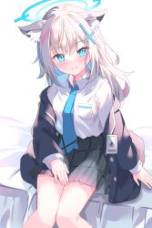 Rule 34 | 1girl, absurdres, animal ear fluff, animal ears, bed, blue archive, blue eyes, breast pocket, hair ornament, halo, hand on lap, highres, hosigarasu22, id card, mismatched pupils, no scarf, off shoulder, pocket, school uniform, shiroko (blue archive), shirt, sitting, smile, solo, white shirt, x hair ornament
