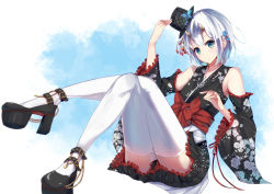 Rule 34 | 1girl, aqua eyes, bare shoulders, blush, commentary request, crossed legs, detached sleeves, floral print, frilled sleeves, frills, hair ornament, hat, high heels, highres, horns, japanese clothes, kimono, konkito, looking at viewer, mini hat, mini top hat, original, sash, short hair, short kimono, silver hair, sitting, solo, thighhighs, top hat, white thighhighs, wide sleeves