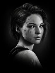 Rule 34 | 1girl, artist name, commentary, dirty, dirty face, from side, highres, jill valentine, krystine art, looking at viewer, photorealistic, portrait, realistic, resident evil, resident evil 3, resident evil 3: nemesis, resident evil 3 (remake), scar, scar on shoulder, short hair, solo, watermark
