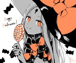 Rule 34 | 1girl, :q, abigail williams (fate), abigail williams (second ascension) (fate), absurdres, bow, candy, candy wrapper, closed mouth, fate/grand order, fate (series), food, happy halloween, hat, hat bow, highres, holding, holding candy, holding food, holding lollipop, keyhole, lollipop, long hair, looking at viewer, monochrome, parted bangs, signature, simple background, smile, sofra, solo, swirl lollipop, tongue, tongue out, upper body, white background, witch hat