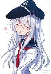 Rule 34 | 1girl, anchor symbol, black sailor collar, closed eyes, fathom, flat cap, hat, hibiki (kancolle), highres, kantai collection, long hair, neckerchief, one-hour drawing challenge, red neckerchief, sailor collar, school uniform, serafuku, silver hair, simple background, smile, solo, twitter username, upper body, white background