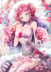 Rule 34 | 1girl, aile (crossroads), bare shoulders, blush, bouquet, breasts, bridal veil, bride, cleavage, detached collar, dress, fang, flower, frilled skirt, frills, garter straps, gloves, green eyes, hand up, highres, large breasts, long hair, looking at viewer, open mouth, original, petals, pink hair, pink lips, rose, showgirl skirt, sitting, skirt, smile, solo, strapless, strapless dress, thighhighs, twintails, veil, wedding dress, white thighhighs, wrist cuffs