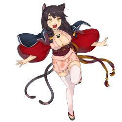 Rule 34 | 1girl, animal ears, bell, braid, breasts, cat ears, cat tail, cleavage, floral print, front braid, full body, highres, japanese clothes, kimono, long hair, long sleeves, looking at viewer, multiple tails, nekomata (youkai hyakki-tan!), obi, official art, open mouth, pink thighhighs, sandals, sash, short kimono, simple background, smile, solo, tail, tattoo, thighhighs, toeless legwear, toes, twin braids, twintails, white background, yellow eyes, youkai hyakki-tan!
