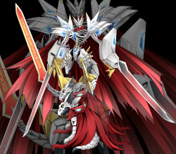 Rule 34 | armor, black background, blade, cape, claws, digimon, digimon (creature), full armor, full body, goggles, hackmon (digimon), highres, holding, holding sword, holding weapon, horns, huge weapon, jesmon, looking at viewer, looking back, monster, no humans, royal knights, simple background, skeleton, sword, tail, weapon, yellow eyes, yoroiusagi, yorousa (yoroiusagi)