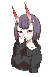 Rule 34 | 1girl, alternate costume, artist name, black sweater, blush, closed mouth, collarbone, cropped torso, eiri (eirri), fate/grand order, fate (series), horns, long sleeves, looking at viewer, oni, purple eyes, purple hair, short hair, shuten douji (fate), signature, simple background, skin-covered horns, sleeves past wrists, smile, solo, sweater, white background