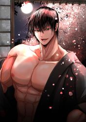Rule 34 | 1boy, abs, absurdres, artist request, bara, bare pectorals, black hair, cherry blossoms, fushiguro touji, green eyes, highres, japanese clothes, jujutsu kaisen, kimono, large pectorals, looking at viewer, male focus, mature male, muscular, muscular male, nipples, open clothes, open kimono, pectorals, scar, scar on face, scar on mouth, seductive smile, short hair, smile, solo, upper body