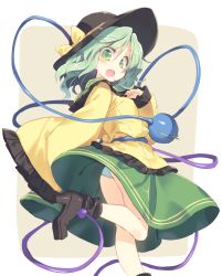 Rule 34 | 1girl, aqua panties, boots, bow, breasts, commentary request, green eyes, green hair, green skirt, hair between eyes, hat, hat bow, high heels, komeiji koishi, long sleeves, looking at viewer, looking back, matching hair/eyes, open mouth, panties, pantyshot, satou kibi, shirt, short hair, skirt, sleeves past wrists, small breasts, solo, standing, surprised, third eye, touhou, underwear, white background, wide sleeves, wind, wind lift, yellow shirt