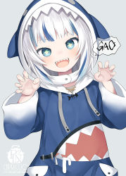 Rule 34 | + +, 1girl, :d, animal hood, artist name, blue eyes, blue hair, blue hoodie, blush, capriccio, claw pose, commentary request, drawstring, gao, gawr gura, gawr gura (1st costume), grey background, hands up, hololive, hololive english, hood, hood up, hoodie, long sleeves, looking at viewer, multicolored hair, open mouth, shark hood, sharp teeth, simple background, smile, solo, streaked hair, teeth, virtual youtuber, wide sleeves