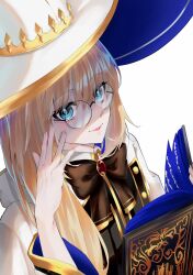 Rule 34 | 1girl, absurdres, aesc (fate), aesc (rain witch) (fate), blonde hair, blue eyes, book, bow, bowtie, brooch, cloak, dress, fate/grand order, fate (series), glasses, gold trim, hat, highres, holding, holding book, jewelry, long hair, long sleeves, looking at viewer, portrait, robe, round eyewear, simple background, smile, solo, two-sided fabric, two-sided headwear, two-tone sleeves, uzu asc, white background, white cloak, white robe, wide brim, wide sleeves, witch hat