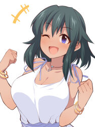 Rule 34 | 1girl, ;d, black hair, blush, bracelet, breasts, cleavage, collarbone, commentary request, dark-skinned female, dark skin, dress, hair between eyes, idolmaster, idolmaster cinderella girls, jewelry, large breasts, looking at viewer, natalia (idolmaster), necklace, one eye closed, open mouth, purple eyes, simple background, sleeveless, sleeveless dress, smile, solo, uccow, upper body, white background, white dress