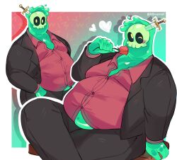 Rule 34 | 1boy, bara, big belly, colored skin, crossed legs, doug (monster prom), fat, fat man, flower, green skin, heart, highres, looking at viewer, male focus, monster boy, monster prom, multiple views, nifast (greentail), object through head, one eye closed, partially unbuttoned, rose, see-through, sitting, slime boy, sword in head, tareme