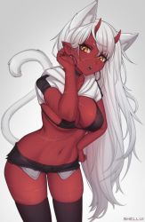 Rule 34 | :o, animal ears, artist name, black bra, black choker, black nails, black shorts, black thighhighs, bra, cat ears, cat girl, cat tail, choker, collarbone, colored skin, crop top, earrings, fangs, gradient background, grey background, grey hair, hand up, highres, hoop earrings, horns, jewelry, long hair, micro shorts, nail polish, navel, original, pointy ears, red horns, red skin, scar, scar on face, shellvi, shorts, stomach, tail, teeth, thighhighs, underwear, upper teeth only, virtual youtuber