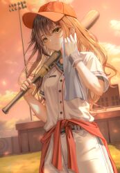 Rule 34 | 1girl, baseball bat, baseball cap, belt, black belt, building, closed mouth, cloud, cloudy sky, commentary request, evening, expressionless, floating hair, hair between eyes, hat, highres, holding, holding baseball bat, holding towel, long hair, looking at viewer, orange eyes, orange hat, original, outdoors, pants, ruda (ruda e), shirt, short sleeves, sidelocks, signature, sky, solo, standing, towel, white pants, white shirt, wristband