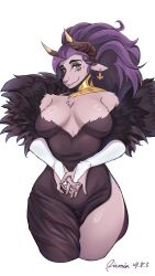 1girl black_dress breasts cthulhu_mythos dress extra_eyes furry furry_female goat_girl goat_horns green_eyes highres horns large_breasts long_hair looking_at_viewer piemia1111 purple_hair rhok&#039;zan side_slit solo