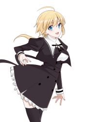 Rule 34 | 1girl, :d, absurdres, ahoge, amano soraha, arm at side, assault lily, black ribbon, black thighhighs, blonde hair, blue eyes, blush, breasts, buttons, commentary request, cowboy shot, cropped jacket, frilled skirt, frills, from side, hand up, high-waist skirt, highres, jewelry, leaning forward, long hair, looking at viewer, looking to the side, low ponytail, medium breasts, miniskirt, neck ribbon, open mouth, ponytail, ribbon, ring, sasaki33916, school uniform, shirt, simple background, skirt, smile, solo, standing, thighhighs, white background, white shirt, yurigaoka girls academy school uniform