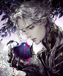 Rule 34 | 1boy, apple, earrings, fangs, food, fruit, half-closed eyes, high collar, holding, jewelry, leaf, long hair, low ponytail, male focus, official art, open mouth, portrait, purple eyes, shadowverse, silver hair, solo, upper body, xiling