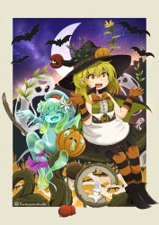 Rule 34 | 2girls, artist name, bat (animal), blonde hair, blush stickers, bow, bowtie, candle, cape, crescent moon, dress, closed eyes, female focus, ghost, gloves, halloween, hat, highres, jack-o&#039;-lantern, kuramono-mochi, monster girl, moon, multiple girls, night, orange bow, orange bowtie, original, outstretched arms, pointy ears, pumpkin, sky, slime girl, spread arms, star (sky), starry sky, witch, witch hat