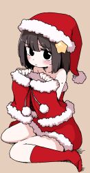 Rule 34 | 1girl, bare shoulders, black eyes, black hair, blush, capelet, capelet removed, christmas, dokan (dkn), dress, female focus, fur-trimmed capelet, fur-trimmed dress, fur-trimmed headwear, fur trim, grey background, hair ornament, hat, looking at viewer, medium hair, original, red capelet, red dress, red hat, red socks, santa hat, simple background, sitting, socks, solo, star (symbol), star hair ornament, strapless, strapless dress, wariza