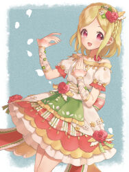 Rule 34 | 1girl, :d, absurdres, bad id, bad twitter id, bare shoulders, blonde hair, blue background, border, braid, cowboy shot, crown braid, dress, floral print, flower, hair flower, hair ornament, hands up, highres, idol clothes, inactive account, long hair, looking at viewer, midorikaze fuwari, off-shoulder dress, off shoulder, open mouth, outside border, pretty series, print dress, pripara, red eyes, red flower, red rose, rose, shiyurinpu, smile, solo, standing, white border