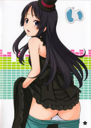 Rule 34 | 1girl, absurdres, akiyama mio, ass, bare shoulders, black eyes, black hair, blush, clothes lift, clothes pull, don&#039;t say &quot;lazy&quot;, dress, dress lift, facial mark, from behind, gusset, ha-ru, hat, highres, hime cut, k-on!, lifted by self, long hair, looking at viewer, looking back, mini hat, mini top hat, open mouth, panties, panty pull, pantyhose, pantyhose pull, simple background, solo, top hat, underwear, white panties