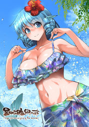 Rule 34 | 1girl, bikini, blue bikini, blue eyes, blue hair, blue sky, breasts, cleavage, closed mouth, day, drill hair, english text, fins, floral print, flower, frilled bikini, frills, hair flower, hair ornament, halterneck, head fins, hibiscus, large breasts, looking at viewer, matching hair/eyes, mermaid, monster girl, navel, outdoors, sarong, shiny skin, shochuumimai, short hair, sky, smile, solo, strap pull, swimsuit, toned, touhou, umigarasu (kitsune1963), wakasagihime, wet