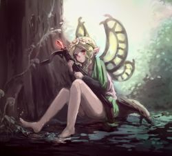 Rule 34 | 1girl, barefoot, blonde hair, bow (weapon), braid, crossbow, fairy, fairy wings, flower, hair flower, hair ornament, mercedes (odin sphere), minase hal, odin sphere, on ground, pointy ears, red eyes, sitting, solo, tree, twin braids, weapon, wings