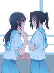 2girls black_hair blue_eyes blue_sailor_collar blue_skirt blush closed_mouth ear_blush eye_contact from_side hibike!_euphonium highres holding_another&#039;s_wrist holding_hands interlocked_fingers kasaki_nozomi kitauji_high_school_uniform liz_to_aoi_tori long_hair looking_at_another meganeee31 multiple_girls parted_lips ponytail profile red_eyes sailor_collar school_uniform serafuku shirt short_sleeves skirt sweatdrop white_background white_shirt yoroizuka_mizore yuri