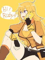 Rule 34 | 1girl, :d, ahoge, belt, black gloves, black shorts, blonde hair, breasts, cellphone, cleavage, elbow on knee, english text, fingerless gloves, gloves, grey belt, hiroya juuren, holding, holding phone, jacket, large breasts, long hair, open mouth, orange jacket, outline, phone, pouch, puffy short sleeves, puffy sleeves, purple eyes, rwby, short shorts, short sleeves, shorts, simple background, sitting, smartphone, smile, solo, talking on phone, white outline, yang xiao long, yellow background