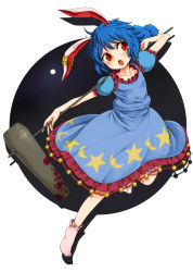 Rule 34 | 1girl, ambiguous red liquid, animal ears, blood, blue dress, blue hair, circle, circle cut, collarbone, crescent, dress, earclip, full body, full moon, harusame (unmei no ikasumi), highres, holding, kine, looking to the side, mallet, moon, night, open mouth, puffy short sleeves, puffy sleeves, rabbit ears, red eyes, seiran (touhou), shadow, short hair, short sleeves, simple background, skirt, solo, stain, star (symbol), tears, touhou, weapon, white background