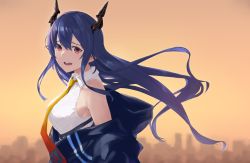 Rule 34 | 1girl, arknights, black jacket, blue hair, blurry, blurry background, breasts, ch&#039;en (arknights), dragon horns, hair between eyes, highres, horns, jacket, large breasts, long hair, multicolored neckwear, necktie, off shoulder, open mouth, outdoors, red eyes, shirt, sky, sleeveless, sleeveless shirt, solo, tsukira (amayadori), upper body, white shirt