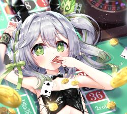 Rule 34 | 1girl, ace (playing card), ace of spades, arm up, bare shoulders, black bow, black bowtie, black leotard, blurry, blurry foreground, blush, bow, bowtie, braid, card, club (shape), coin, collar, commentary request, covered mouth, cross-shaped pupils, depth of field, detached collar, genshin impact, green eyes, green hair, grey hair, hair between eyes, highres, holding, holding card, leotard, long hair, looking at viewer, nahida (genshin impact), navel, on table, playboy bunny, playing card, roulette, roulette table, side ponytail, siera (sieracitrus), solo, spade (shape), strapless, strapless leotard, symbol-shaped pupils, table, upper body, white collar, wrist cuffs