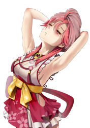 Rule 34 | 1girl, absurdres, ahoge, armpits, arms behind head, arms up, blush, bow, breasts, closed eyes, collar, dress, frilled dress, frills, hair between eyes, head tilt, highres, hololive, japanese clothes, leaning back, nontraditional miko, pink hair, pleated skirt, red bow, ribbon, sakura miko, sakura miko (1st costume), sideboob, simple background, skirt, sleeveless, sleeveless dress, sweat, tassel, thigh gap, towel, towel on head, virtual youtuber, waist bow, wet, white background, yellow bow, zuharu