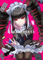 Rule 34 | 1girl, black jacket, black nails, breasts, brown pantyhose, brown skirt, card, celestia ludenberg, chess piece, closed mouth, commentary request, copyright name, danganronpa: trigger happy havoc, danganronpa (series), dice, drill hair, earrings, frilled jacket, frilled skirt, frills, gothic lolita, highres, holding, jacket, jewelry, kusatakesi, large breasts, layered skirt, lolita fashion, long hair, long sleeves, nail polish, pantyhose, pink background, playing card, poker chip, red eyes, shiny clothes, simple background, skirt, smile, solo, twin drills, twintails