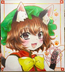Rule 34 | 1girl, :d, animal ear fluff, animal ears, blush, botan (03110709), bow, bowtie, brown eyes, brown hair, cat ears, cat tail, chen, commentary request, dated, earrings, eyelashes, fang, hair between eyes, happy, hat, highres, jewelry, looking at viewer, mob cap, multiple tails, nekomata, open mouth, photo (medium), portrait, red vest, shikishi, short hair, simple background, single earring, skin fang, smile, solo, tail, tongue, touhou, traditional media, two tails, upper body, vest, white background, yellow bow, yellow bowtie