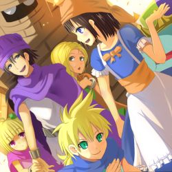 Rule 34 | 2boys, 3girls, age difference, apron, bandana, bianca (dq5), blonde hair, blue eyes, bow, bracelet, braid, brother and sister, brown hair, cape, child, crown, dragon quest, dragon quest ix, dragon quest v, dress, father and daughter, father and son, golem (dragon quest), hair bow, hair over shoulder, hero&#039;s daughter (dq5), hero&#039;s son (dq5), hero (dq5), husband and wife, jewelry, king slime (dragon quest), level-5, long hair, mother and daughter, mother and son, multiple boys, multiple girls, purple eyes, rikka (dq9), shio satou, short hair, siblings, single braid, smile, sweatdrop