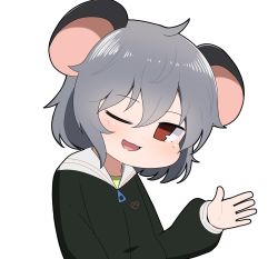 Rule 34 | 1girl, alternate costume, animal ears, black jacket, blush, commentary request, cookie (touhou), grey hair, hair between eyes, highres, jacket, looking at viewer, madore, mouse ears, mouse girl, nazrin, nyon (cookie), one eye closed, open mouth, red eyes, shirt, short hair, simple background, smile, solo, touhou, upper body, white background, yellow shirt