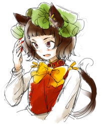 Rule 34 | 1girl, alternate hairstyle, animal ears, bad id, bad pixiv id, blunt bangs, blush, bow, bowtie, brown eyes, brown hair, cat ears, cat girl, cat tail, chen, earrings, fang, female focus, hat, jewelry, multiple tails, nail polish, nekomata, open mouth, short hair, simple background, sketch, solo, tail, touhou, upper body, white background, yukizen