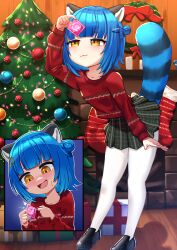Rule 34 | 1girl, :3, absurdres, animal ears, arched bangs, black footwear, black skirt, blue hair, blush, breasts, christmas tree, closed mouth, collarbone, commentary, condom, condom wrapper, double bun, fang, hair bun, hair ornament, hairclip, highres, holding, holding condom, idol corp, indoors, leaning forward, looking at viewer, miniskirt, multiple views, nose blush, open mouth, orange eyes, pantyhose, plaid, plaid skirt, poko rakun, raccoon ears, raccoon girl, raccoon tail, red sweater, sabotaged condom, shoes, short hair, skirt, small breasts, standing, sweater, symbol-only commentary, tail, virtual youtuber, white pantyhose, yuzun404