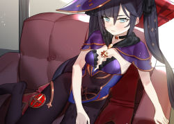Rule 34 | 1girl, black hair, blue eyes, blue leotard, blush, bodystocking, breasts, closed mouth, commentary request, couch, genshin impact, hair between eyes, hat, indoors, leaning to the side, leotard, long hair, looking at viewer, mona (genshin impact), no shoes, on couch, purple hat, small breasts, solo, subachi, twintails, very long hair, witch hat