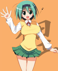 Rule 34 | 00s, 1girl, :d, ahoge, aqua eyes, aqua hair, arm up, blush, breasts, green eyes, green hair, hairband, hoppege, impossible clothes, impossible shirt, large breasts, long sleeves, matching hair/eyes, miniskirt, musical note, neck ribbon, open mouth, orange background, pleated skirt, ribbon, school uniform, serafuku, shirt, short hair, simple background, skirt, smile, solo, sweater vest, taut clothes, thigh gap, to heart (series), to heart 2, waving, yoshioka chie