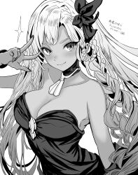 Rule 34 | 1girl, absurdres, bare shoulders, blush, braid, breasts, cleavage, closed mouth, collarbone, commentary request, dark-skinned female, dark skin, dress, granblue fantasy, greyscale, hair ribbon, helel ben shalem, highres, long hair, looking at viewer, medium breasts, metsu end, monochrome, ribbon, simple background, smile, solo, translation request, w, white background