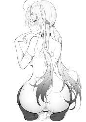 Rule 34 | 1girl, ahoge, anus, armlet, ass, blush, breasts, choker, closed mouth, cum, cum in pussy, cum pool, cumdrip, facial tattoo, fang, fang out, female focus, from behind, full body, goddess of victory: nikke, gradient hair, greyscale, hair ribbon, hand to own mouth, heart, heart tattoo, highres, jackal (nikke), long hair, looking at viewer, looking back, low twintails, medium breasts, monochrome, multicolored hair, ribbon, seiza, shirechio, side ponytail, simple background, sitting, smile, solo, sweat, tattoo, thighhighs, twintails, white background
