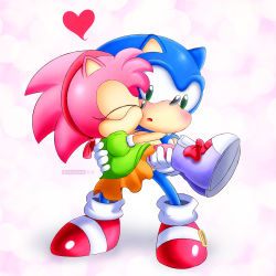 Rule 34 | 1boy, 1girl, alcyone (cyclone gx), amy rose, artist name, blush, bow, carrying, closed eyes, full body, furry, gloves, hairband, heart, hetero, highres, kiss, pink fur, princess carry, profile, puffy short sleeves, puffy sleeves, red bow, shirt, shoes, short sleeves, skirt, sonic the hedgehog, sonic (series), standing, white gloves