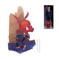 Rule 34 | 1other, formal, john mulaney, marvel, mask, mim, necktie, other focus, photo-referenced, pig, real life, red necktie, shoes, simple background, solo, spider-ham, spider-man: into the spider-verse, spider-man (series), spider-verse, suit, superhero costume, tuxedo, voice actor, walking, white background