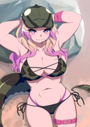 Rule 34 | 1girl, adapted costume, african rock python (kemono friends), animal print, armpits, arms behind head, arms up, baseball cap, bikini, blonde hair, breasts, cleavage, closed mouth, day, from above, groin, hat, highres, kemono friends, large breasts, light blush, long hair, looking at viewer, mamiyama, multicolored hair, navel, o-ring, o-ring bikini, on ground, outdoors, print bikini, print swimsuit, purple eyes, purple hair, reclining, side-tie bikini bottom, side-tie bottom, skindentation, smile, snake tail, snakeskin print, solo, stomach, swimsuit, tail, thigh strap, two-tone hair, wristband
