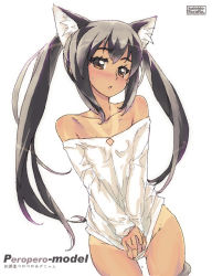 Rule 34 | 1girl, :o, animal ears, bare shoulders, black hair, blush, bottomless, brown eyes, cat ears, collarbone, covering privates, head tilt, henreki san, k-on!, long hair, long sleeves, looking at viewer, nakano azusa, one-piece tan, shirt tug, simple background, solo, sweatdrop, tan, tanline, twintails, v arms, white background